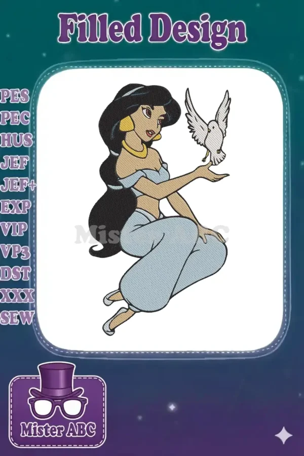 Beautiful Princess Jasmine embroidery, seated gracefully with a white dove. A vibrant, detailed Disney-inspired design.