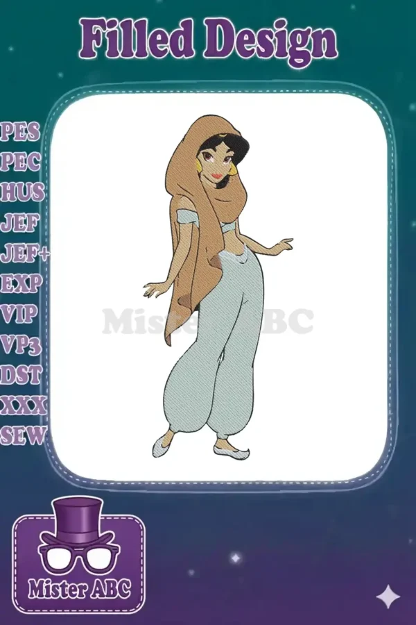 Detailed embroidery design of Princess Jasmine from Aladdin, elegantly posed in a flowing brown cloak and light blue outfit.
