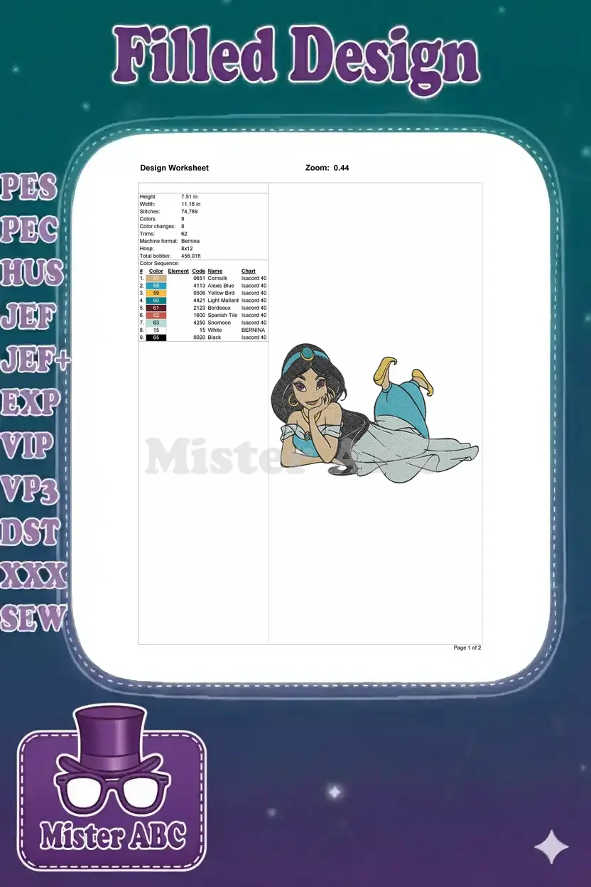 Embroidery design worksheet for Princess Jasmine, showing dimensions, stitch count, color sequence, and machine info.