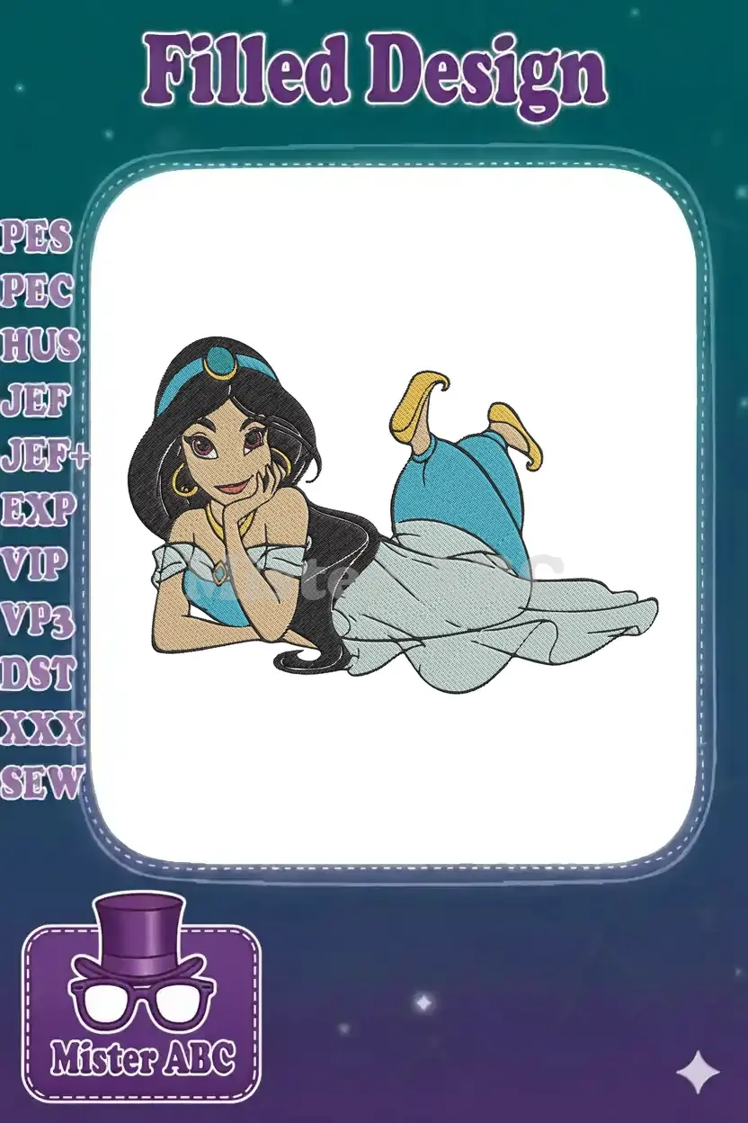 Embroidery design of Princess Jasmine from Aladdin, lying in a relaxed pose, featuring vibrant blue and gold colors.