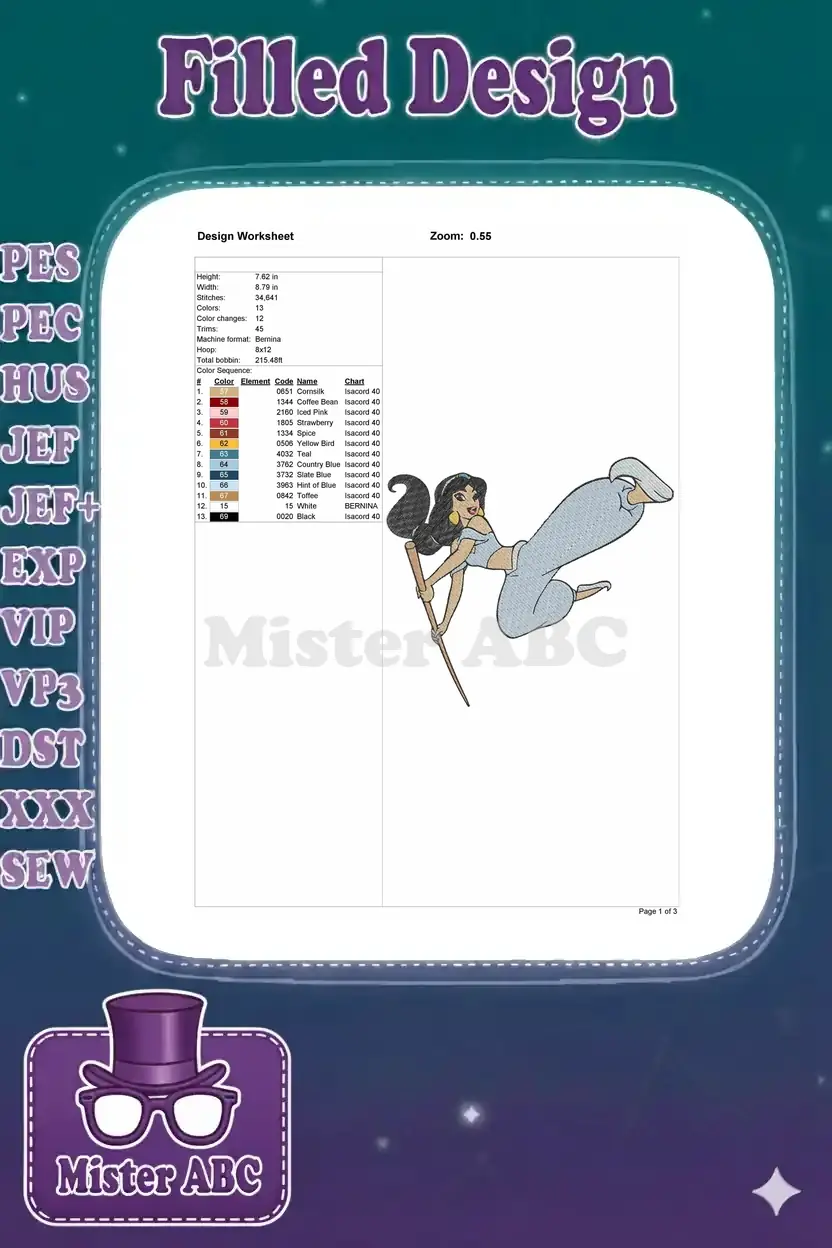 Embroidery design worksheet detailing dimensions, stitch count, 13 colors, machine format, and color chart.