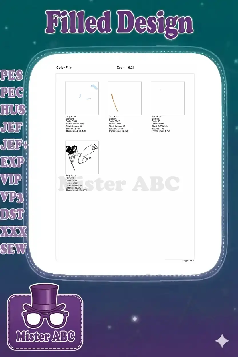 Second page of the color film, completing the stitch sequence and thread details for colors 10-13.
