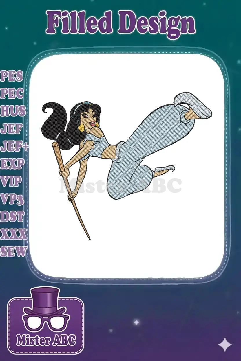 Vibrant embroidery design of Princess Jasmine from Aladdin, in a dynamic pose, holding a staff, with fill stitches.