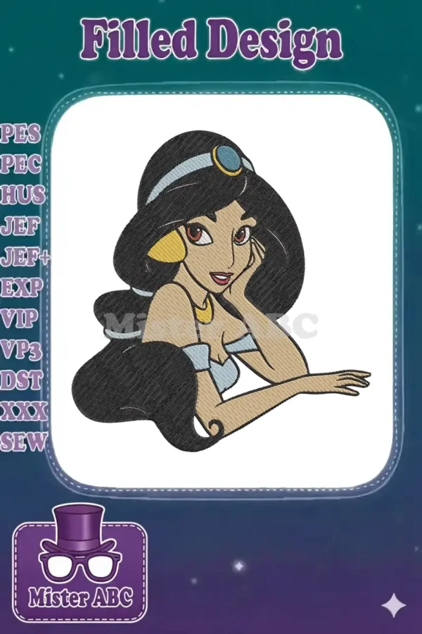 Close-up of a beautiful Princess Jasmine embroidery design, featuring her iconic pose, long dark hair, and sparkling eyes.
