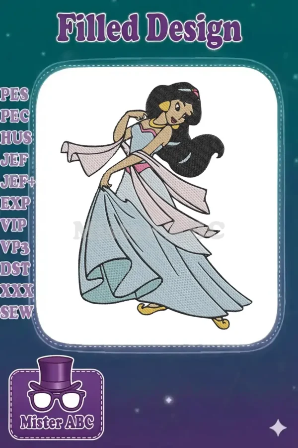 A beautiful embroidery design of Princess Jasmine from Aladdin, featuring her iconic blue and pink outfit in a graceful pose.