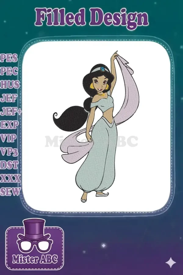 Full-color embroidery of Princess Jasmine in a light blue outfit, striking a dynamic pose with a flowing lavender veil.