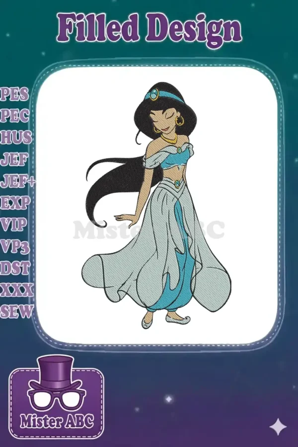 Beautiful embroidery design of Princess Jasmine in her iconic blue outfit, featuring intricate details and vibrant colors.