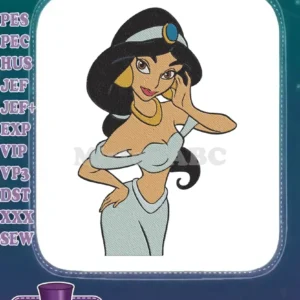 Close-up of a vibrant Princess Jasmine embroidery design, showcasing intricate stitching and rich colors on a white background.
