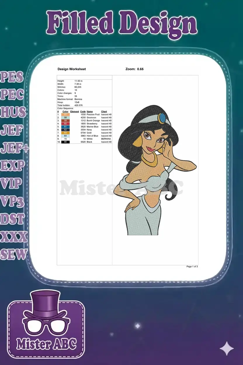 Embroidery design worksheet for Princess Jasmine, detailing dimensions, stitch count, color sequence, and machine info.