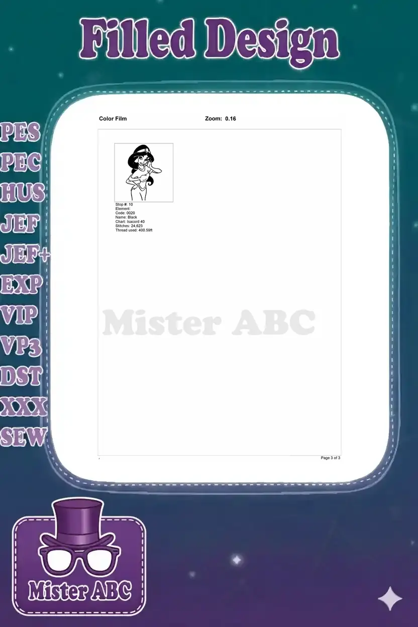 Second page of the color film for the Princess Jasmine embroidery, detailing the final black outline stitch.