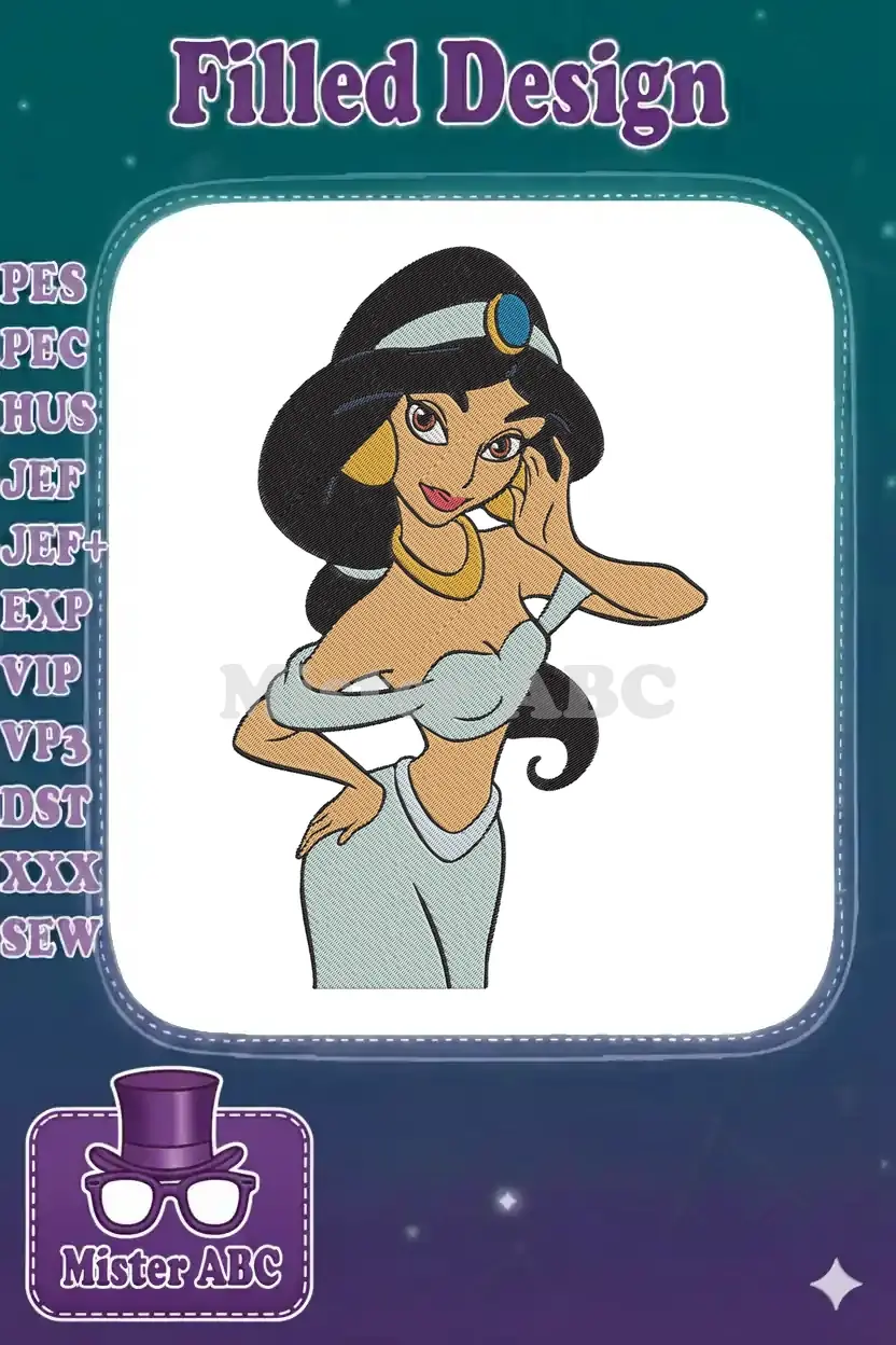Close-up of a vibrant Princess Jasmine embroidery design, showcasing intricate stitching and rich colors on a white background.