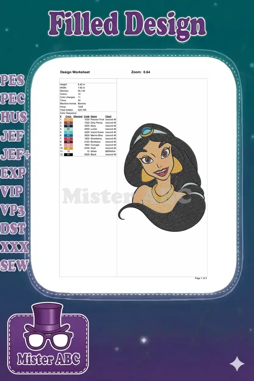 Embroidery design worksheet for Princess Jasmine, showing dimensions, stitch count, colors, and machine format.