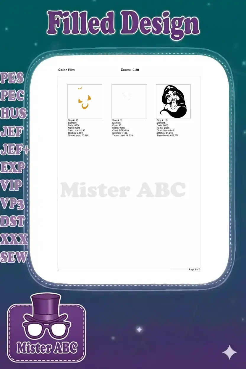 Color film breakdown for Princess Jasmine embroidery, showing individual stitch elements for colors 10 through 12.