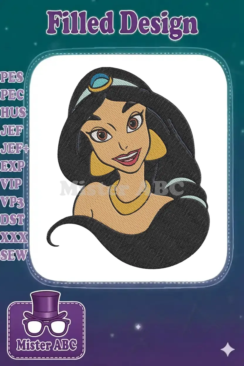Close-up of a Princess Jasmine embroidery design, featuring her iconic black hair, gold jewelry, and radiant smile.