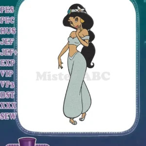 Full-body embroidery design of Disney's Princess Jasmine in her iconic light blue outfit, with detailed stitching.