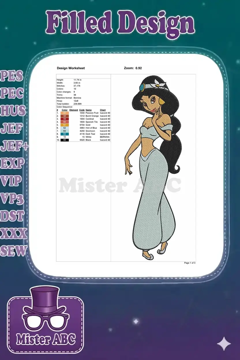Detailed embroidery design worksheet for Princess Jasmine, showing size, stitch count, color chart, and machine info.