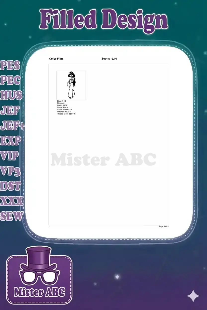 Final black outline color stop for the Princess Jasmine embroidery design, with stitch count and thread details.