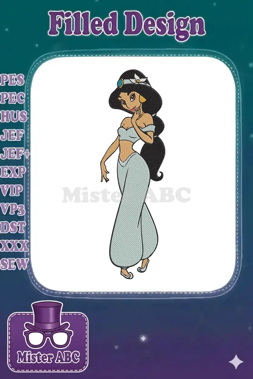 Full-body embroidery design of Disney's Princess Jasmine in her iconic light blue outfit, with detailed stitching.