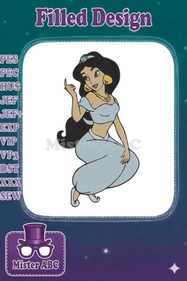 A stunning embroidery design of Princess Jasmine in her iconic blue outfit, sitting gracefully with a charming pose.