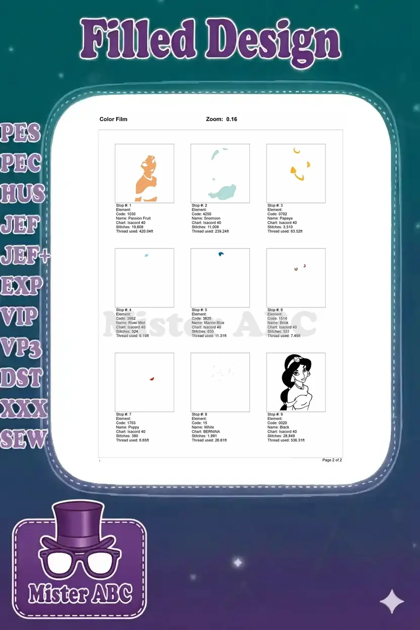 Embroidery color film showing the step-by-step stitch sequence for Princess Jasmine's design by color stop.