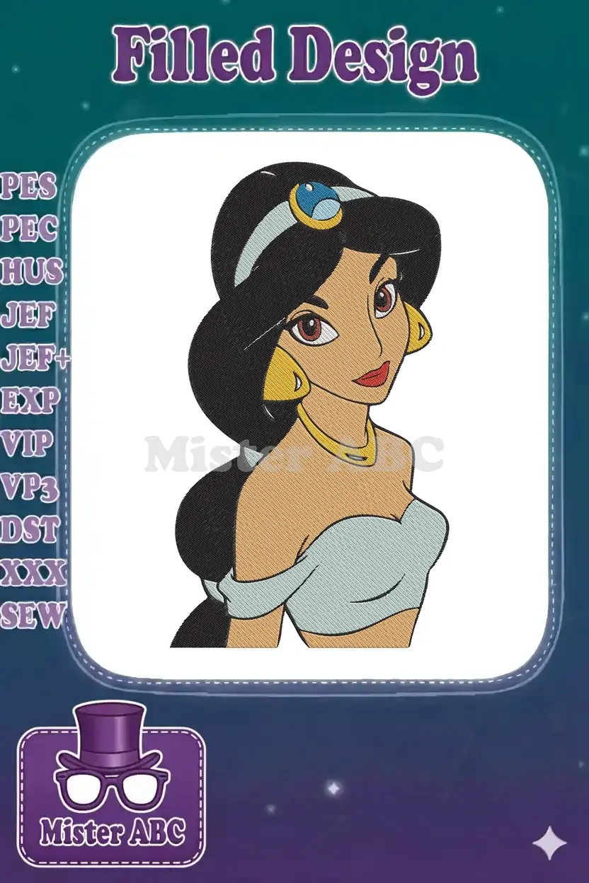 Close-up embroidery design of Princess Jasmine, featuring her iconic black hair, gold jewelry, and light blue outfit.