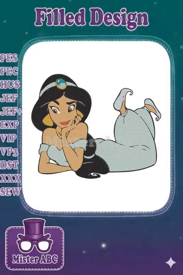Vibrant embroidery design of Princess Jasmine from Aladdin, reclining gracefully with her hand on her chin, featuring rich colors.