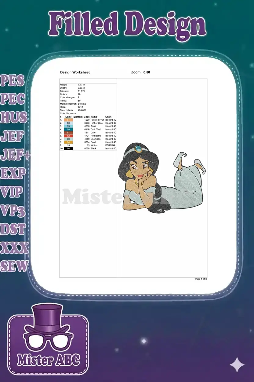 Detailed embroidery design worksheet showing dimensions, stitch count, color sequence chart, and a small design preview.