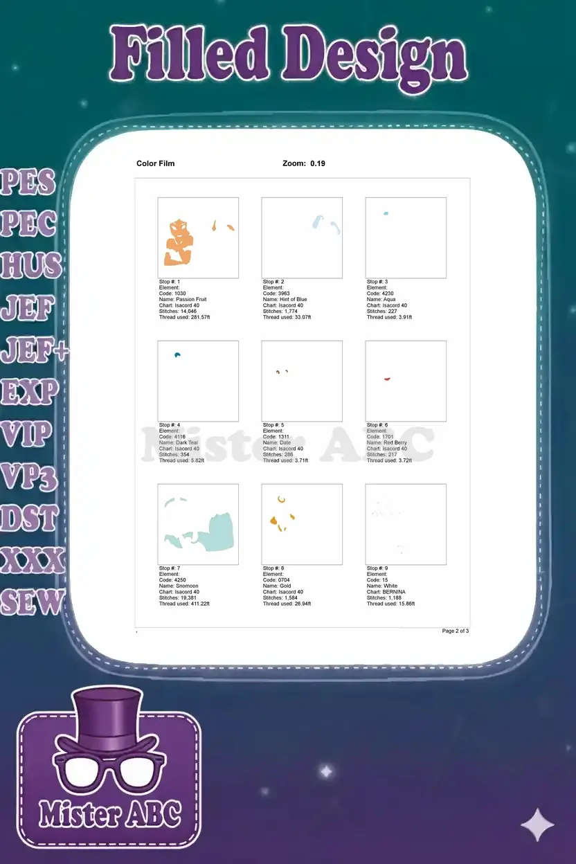 Color film breakdown for the embroidery design, showing individual color stops and thread details across nine distinct elements.