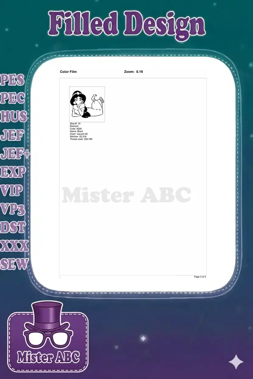 Final color film page displaying the tenth and last color stop, outlining the entire Jasmine embroidery design in black.