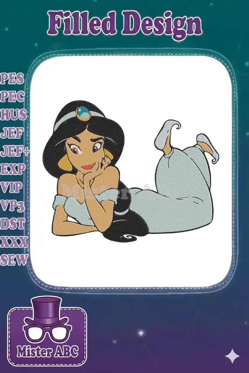 Vibrant embroidery design of Princess Jasmine from Aladdin, reclining gracefully with her hand on her chin, featuring rich colors.