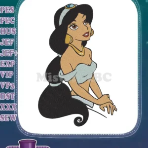 Detailed embroidery design of Princess Jasmine from Disney, featuring her iconic teal top and long black hair, looking up.