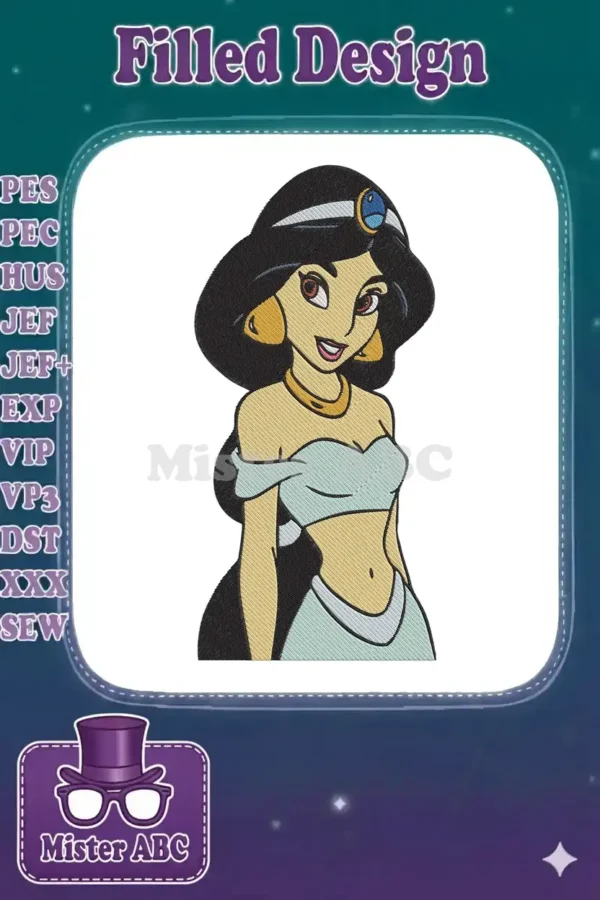 Close-up of a vibrant Princess Jasmine embroidery design, featuring her iconic blue outfit and a cheerful smile.