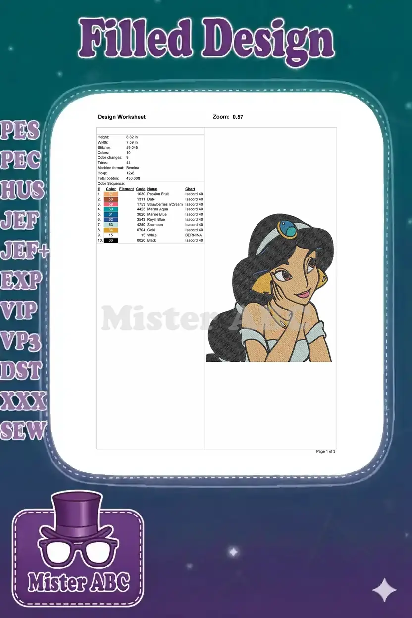 Detailed embroidery design worksheet for Princess Jasmine, showing dimensions, stitch count, and color chart.