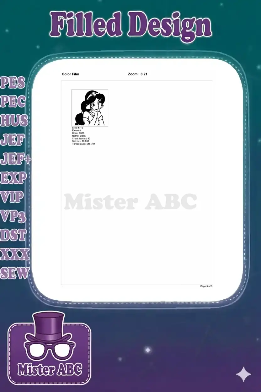 Second page of the Princess Jasmine embroidery color film, showing the final black outline stitch details.