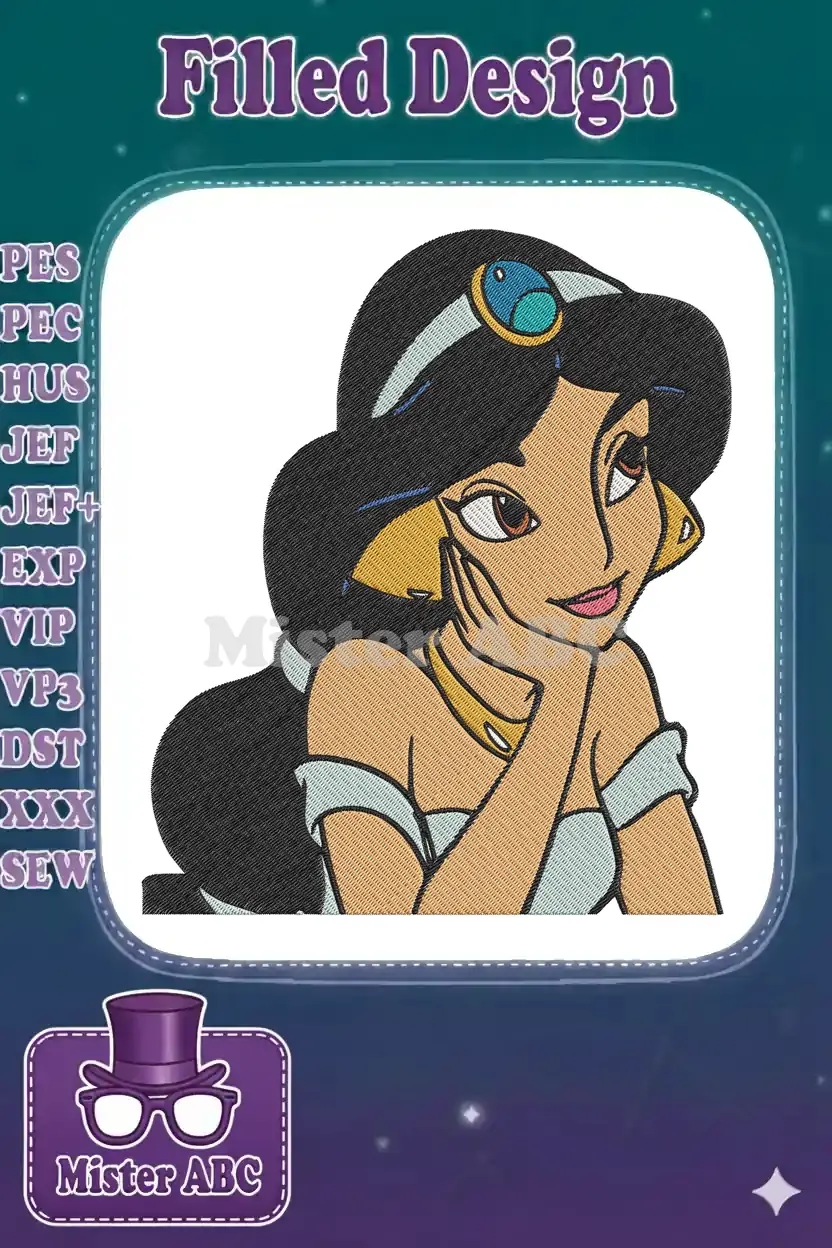 Close-up embroidery design of Princess Jasmine, featuring her iconic blue outfit and thoughtful expression.