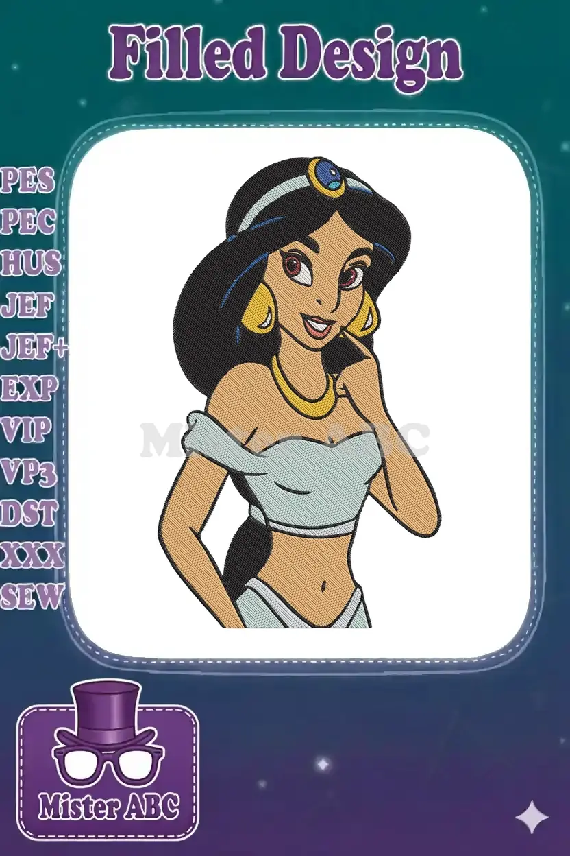 Close-up embroidery design of Princess Jasmine with her iconic gold jewelry and light blue top, smiling engagingly.
