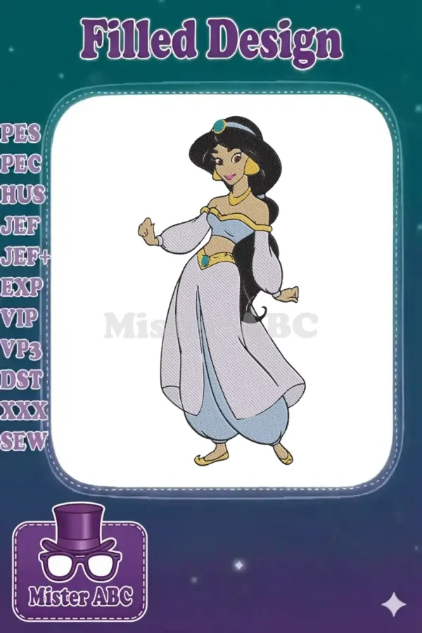 A vibrant machine embroidery design of Princess Jasmine from Aladdin, featuring her iconic blue outfit and flowing dark hair.