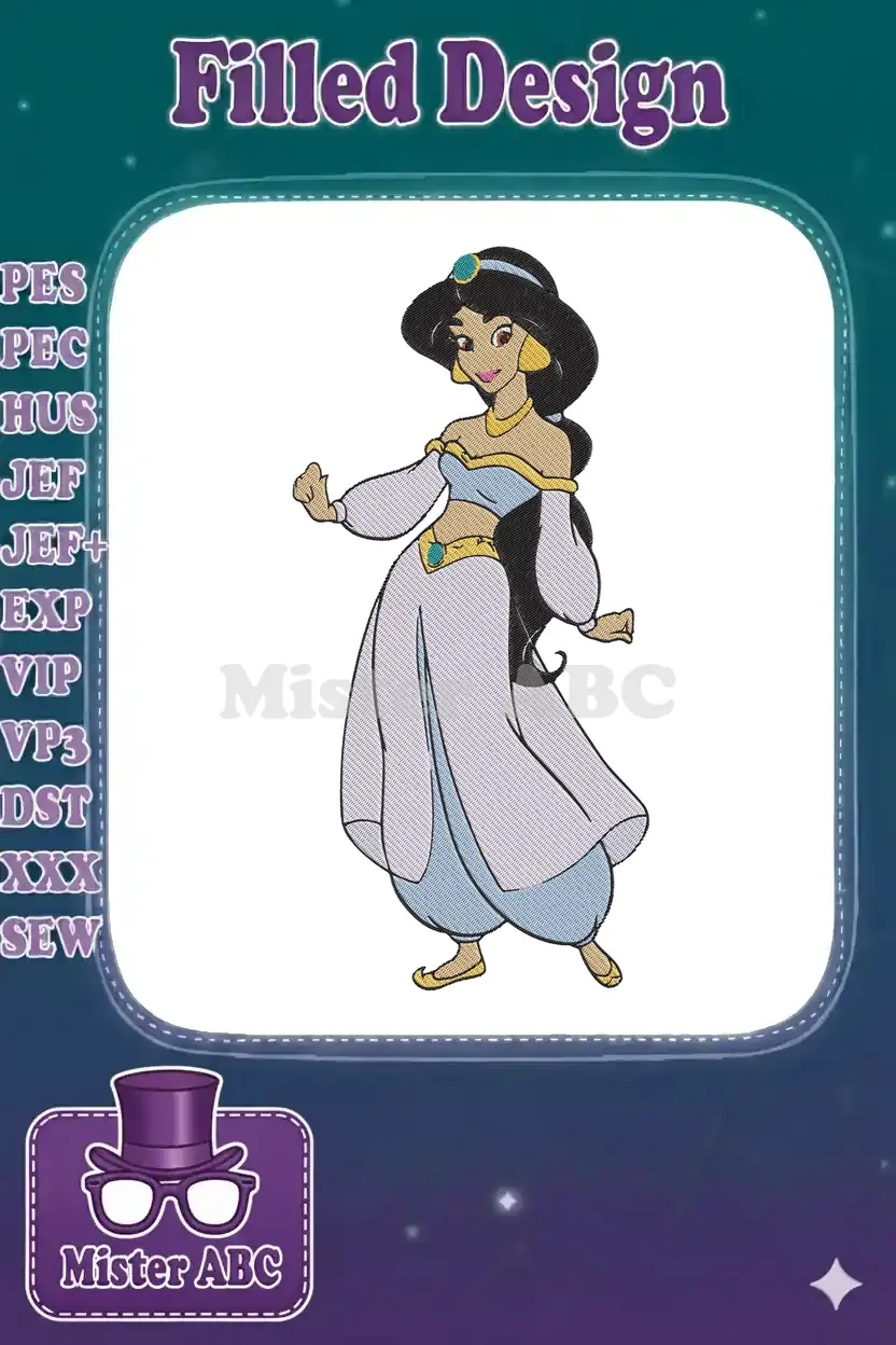 A vibrant machine embroidery design of Princess Jasmine from Aladdin, featuring her iconic blue outfit and flowing dark hair.