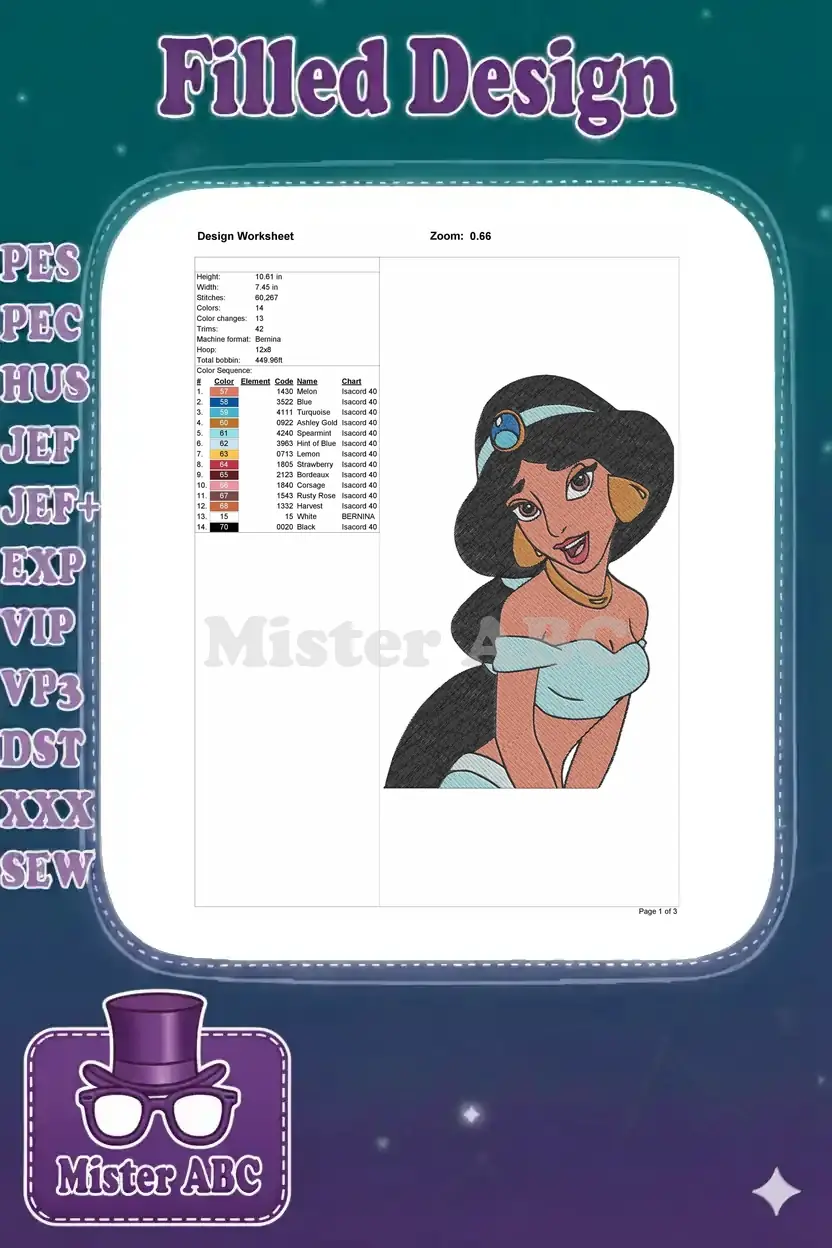 Detailed embroidery design worksheet for Princess Jasmine, showing thread colors, stitch count, and machine specifications.