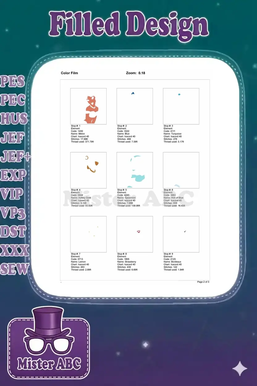 First page of the Princess Jasmine embroidery color film, detailing initial color stops and thread usage.