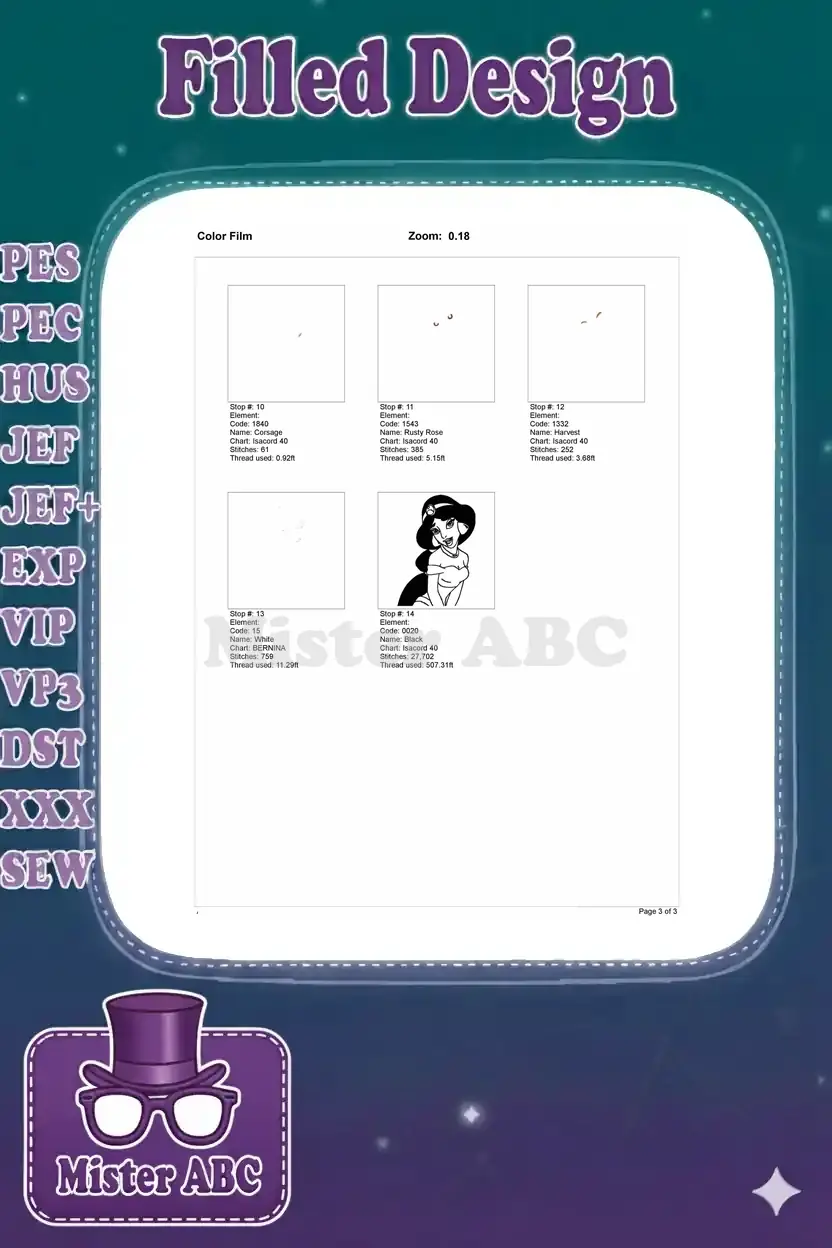 Final page of the Princess Jasmine embroidery color film, completing the color sequence and thread details.