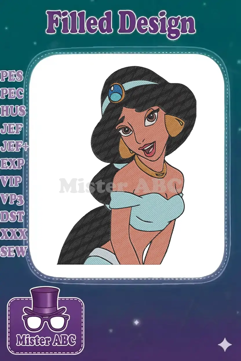 Capture the magic with this exquisite Princess Jasmine embroidery design, featuring her iconic look and beautiful smile.