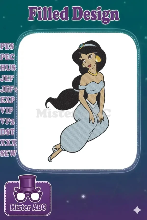 A vibrant embroidery design featuring Princess Jasmine in her iconic light blue outfit, sitting gracefully with a gentle smile.