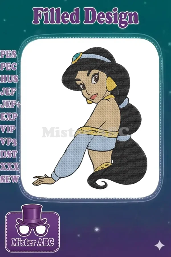 Detailed embroidery of Princess Jasmine from Aladdin, featuring her iconic pose, vibrant colors, and flowing black hair.