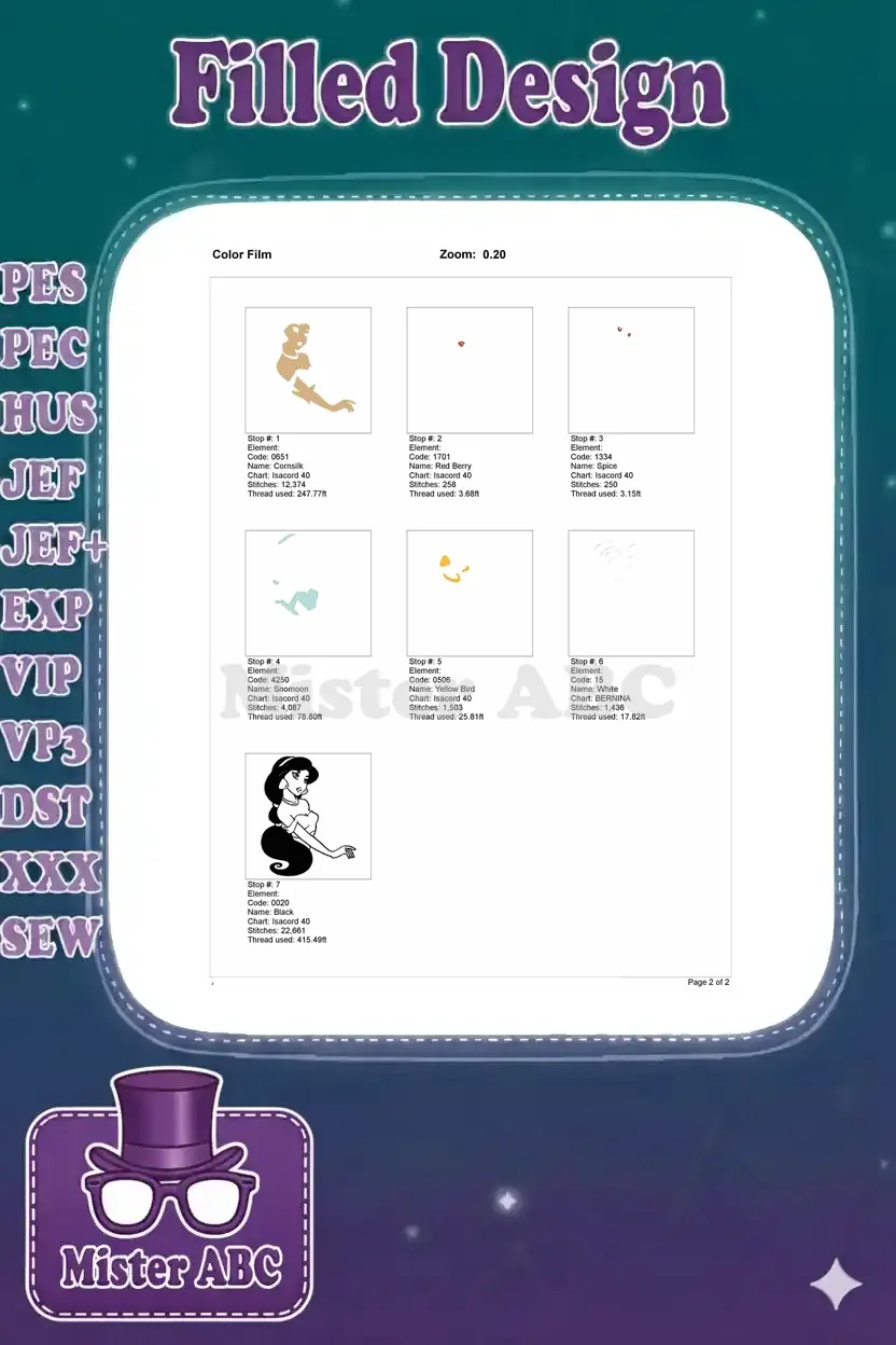 Sequential color film breakdown of the embroidery design, illustrating each thread application step by step.