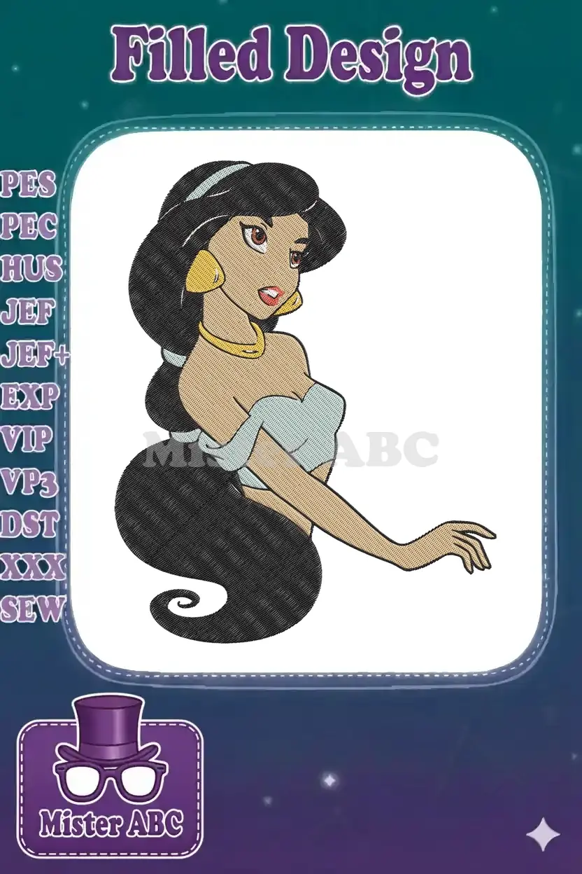 Stunning embroidery design of Disney's Princess Jasmine, featuring her iconic look with intricate stitching details.