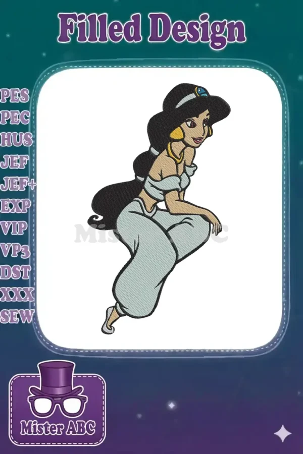 A vibrant embroidery design featuring Princess Jasmine in her iconic light blue outfit, depicted in a graceful, floating pose.