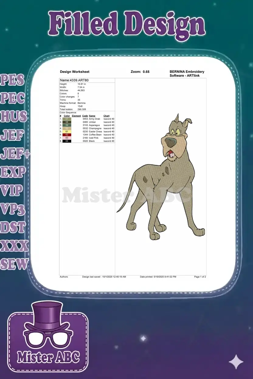 An embroidery design worksheet displaying project details, color sequence, dimensions, and a preview of the dog.