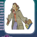 Yawning cartoon man in trench coat holding dog treat embroidery designs - Instant Download