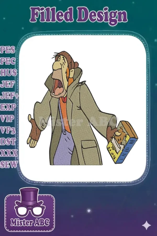 Detailed embroidery design of a man in a trench coat, yawning widely while holding a box of dog food.